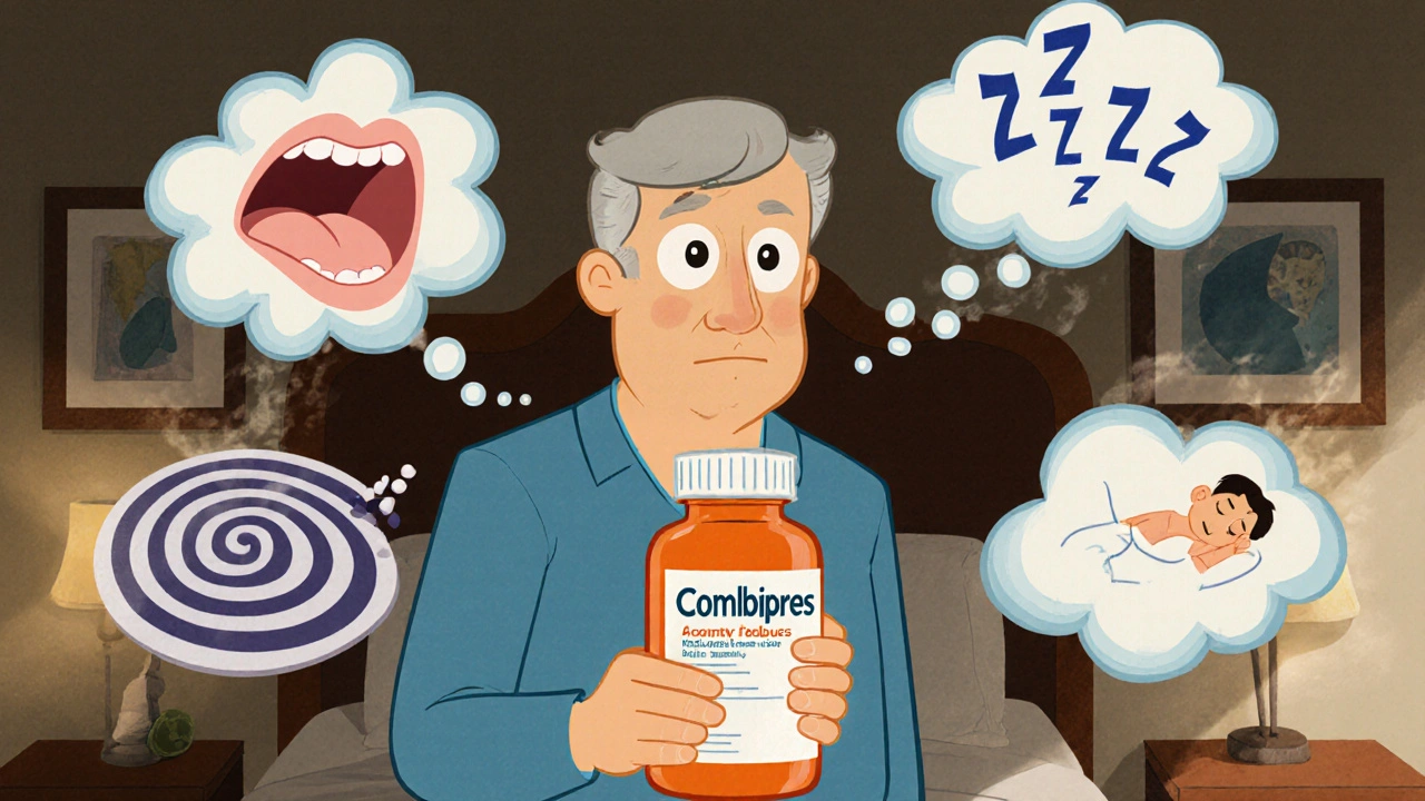 A patient holding a Combipres pill while comically surrounded by floating side effects like dry mouth and dizziness.