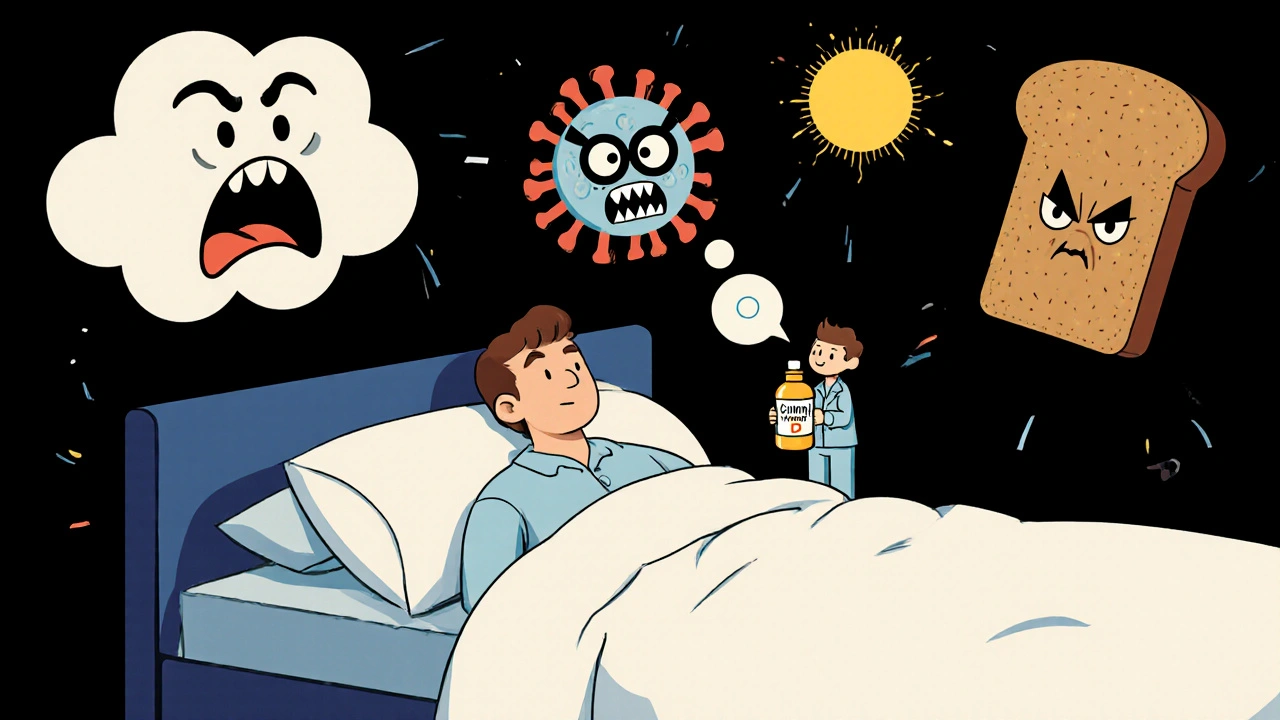 A person in bed surrounded by personified triggers like stress clouds and gluten monsters, holding vitamin D like a shield.