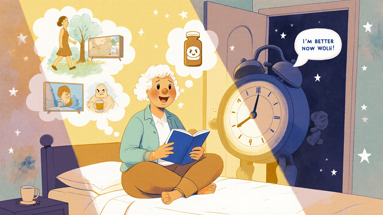 A smiling senior woman holding a sleep diary, with healthy habits like walking and turning off screens shown in thought bubbles.