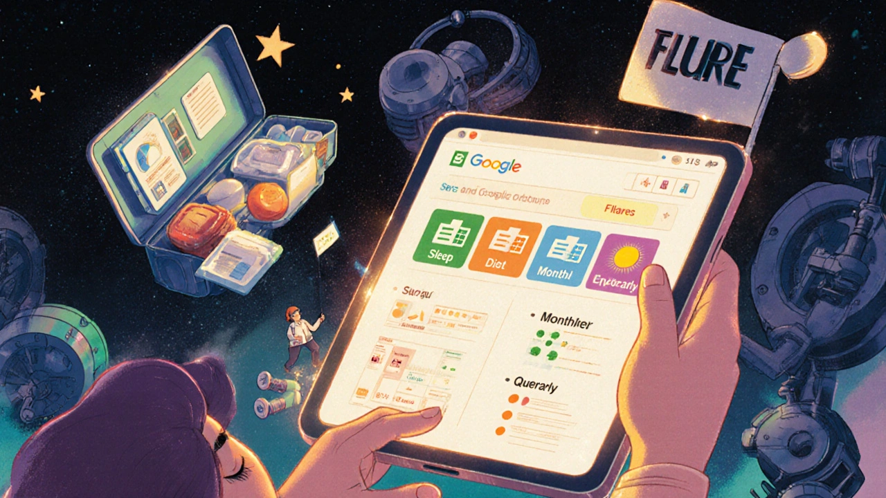 A woman tracking symptoms on a floating tablet, with a floating flare kit and dropping flare icons in retro cartoon style.