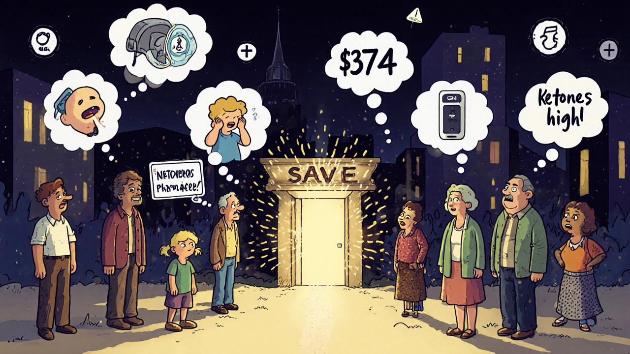 Diverse individuals with thought bubbles showing DKA triggers, one illuminated by a ketone-alerting CGM device.