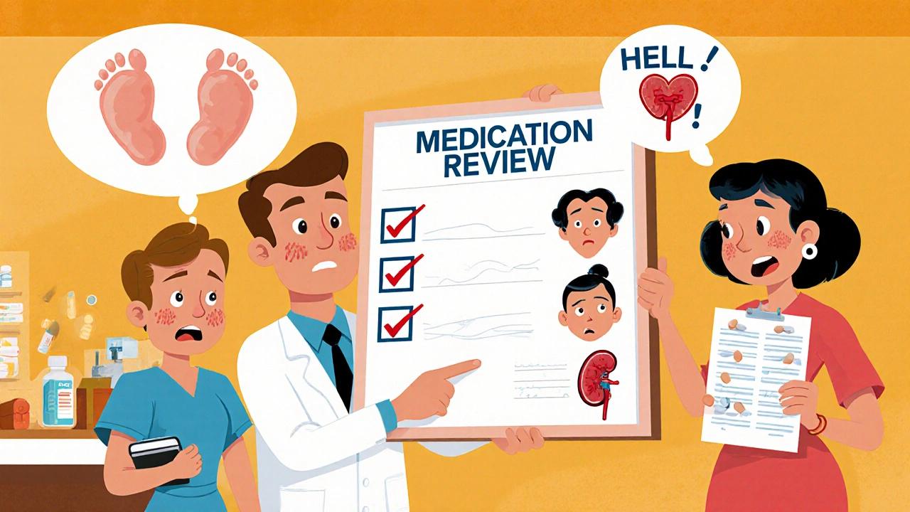 Doctor and pharmacist reviewing medication list with floating images of swollen body parts and whispering organs.