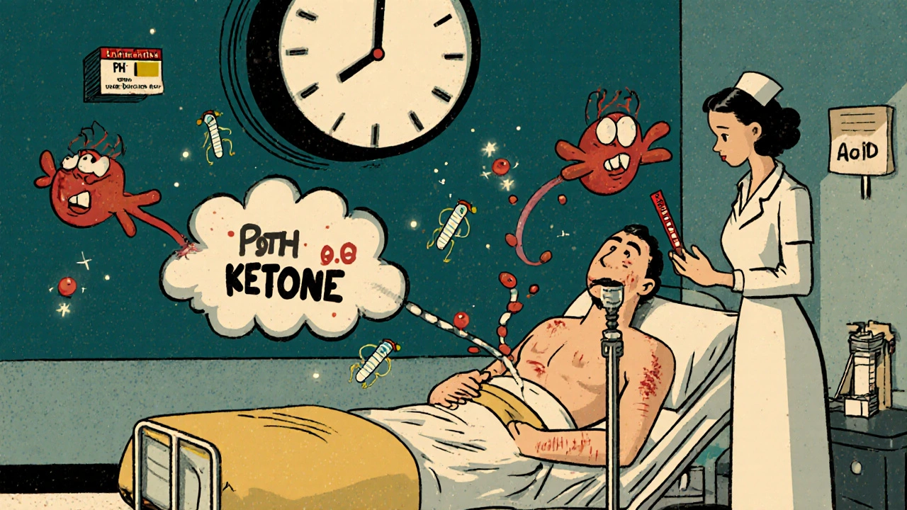 Emergency room scene with IV drip, glowing electrolytes, and a dangerous acid cloud above a patient.