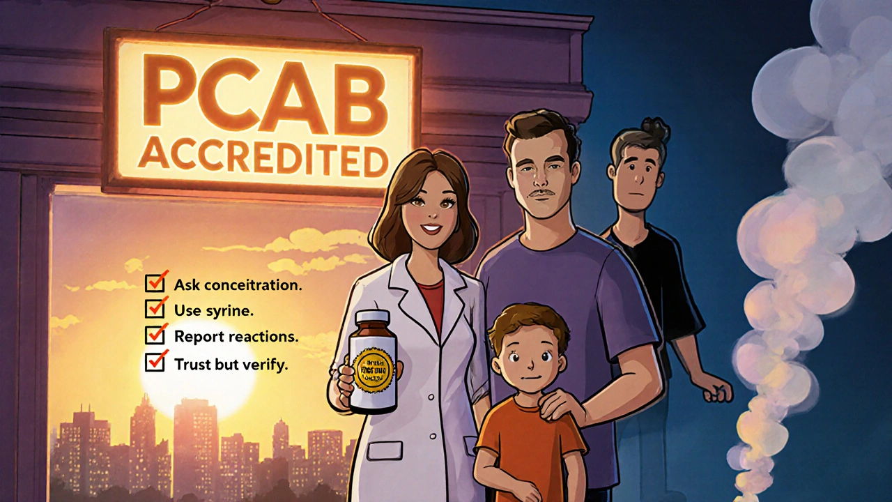 Family with accredited pharmacy seal and safety checklist, dangerous pharmacy fading into smoke