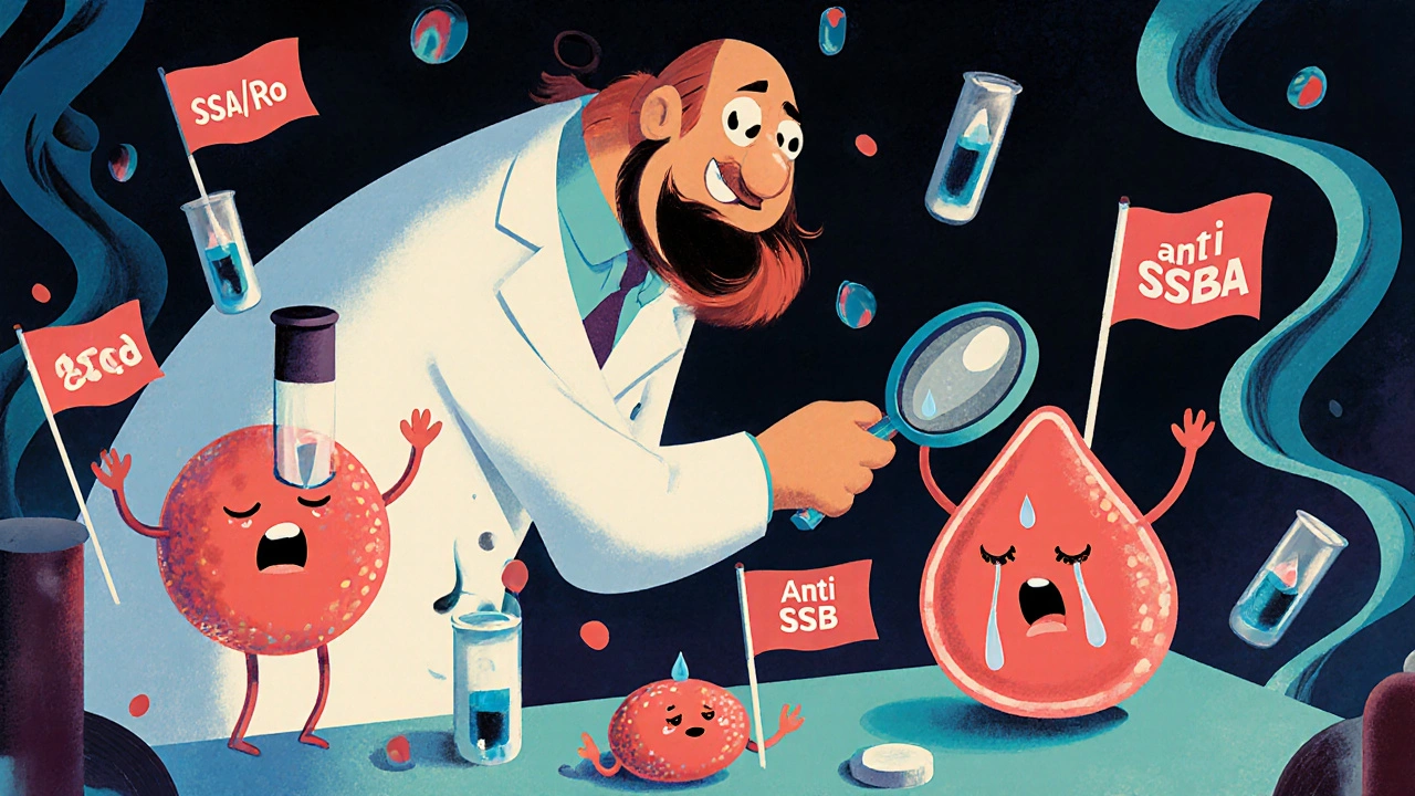 Lab technician examining a crying salivary gland with magnifying glass, blood cells waving antibody flags.