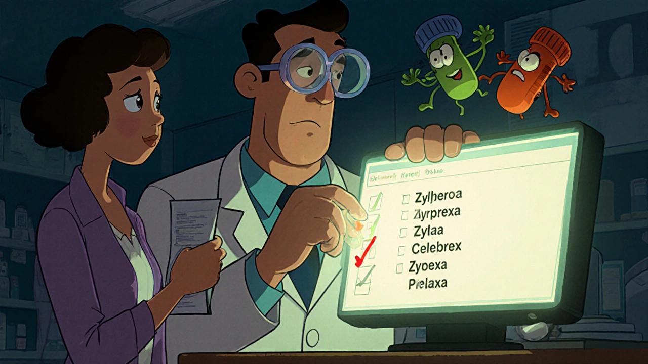 Patient at pharmacy counter with pharmacist confused by wrong drug selected from a digital dropdown menu.