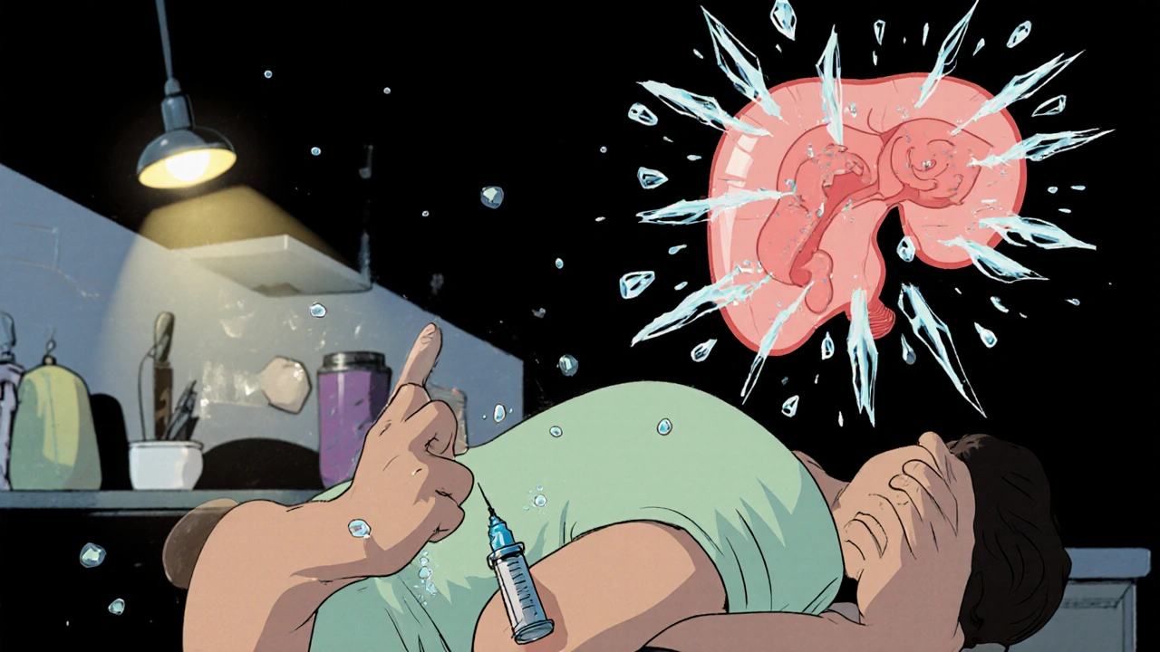 Patient collapsing as emergency injection is administered, adrenal gland shattering in background.