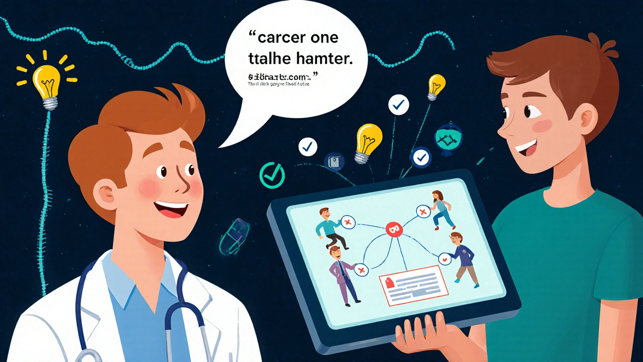 Patient repeating prescription to doctor as lightbulbs and digital icons show correct medication details.