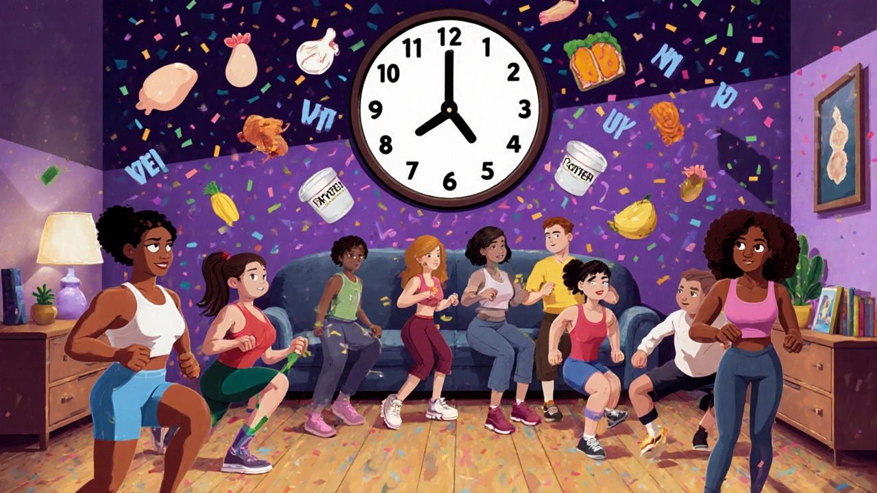 People doing home strength exercises with protein icons falling around them, mirror showing progress over time.