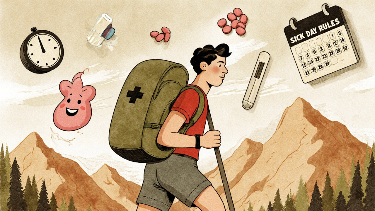 Person hiking with adrenal gland on backpack, surrounded by medication icons and sick day rules.
