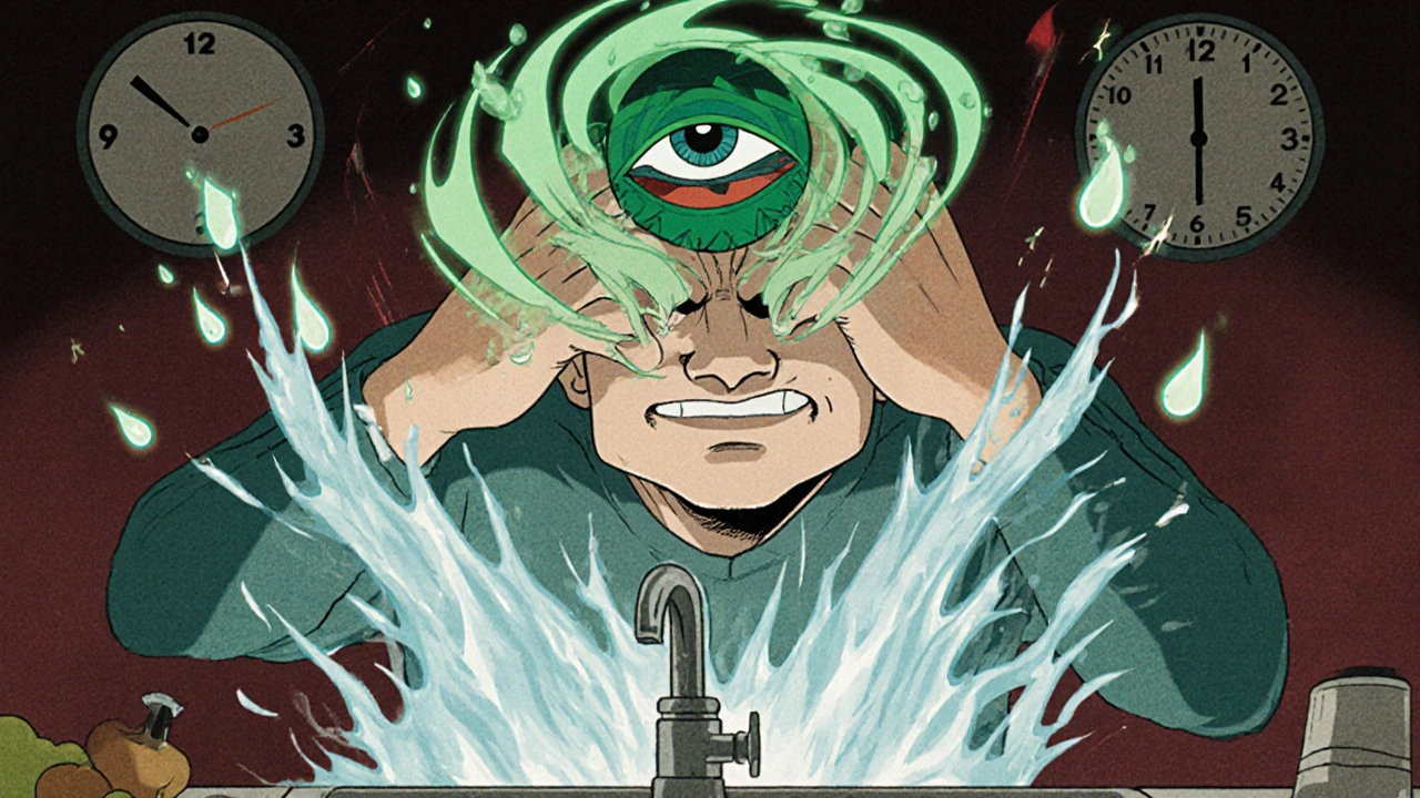 Person holding eyes open under running tap, swirling chemical vapors and motion lines show urgency.