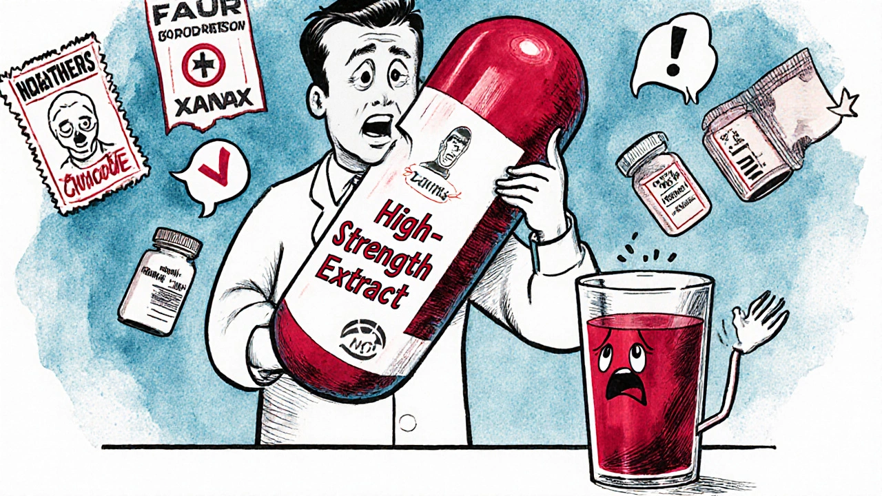 Pharmacist holding concentrated cranberry pill next to regular juice, medical icons nodding in approval.