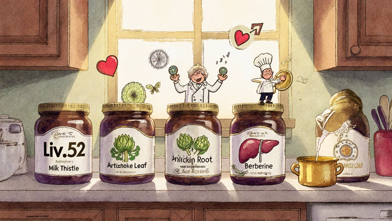 Six herbal supplement jars with animated characters on a kitchen counter, sunlight streaming in.