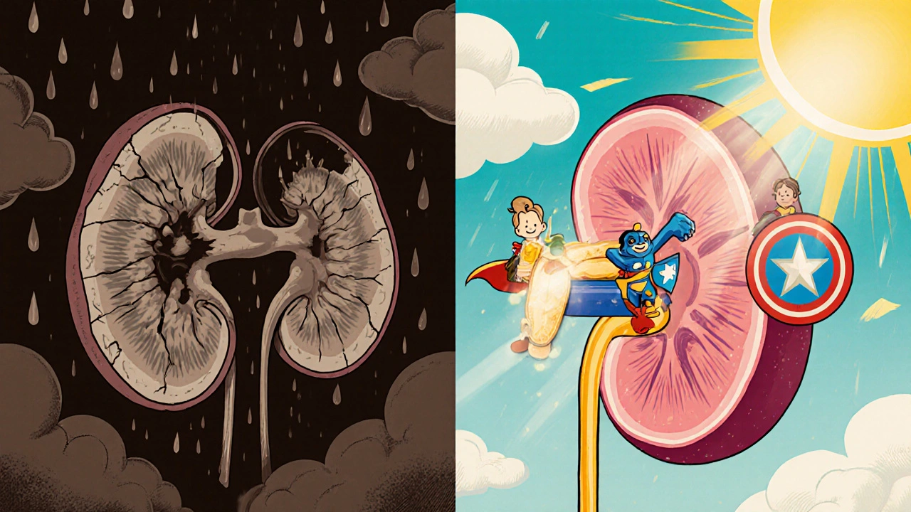 Split panel: damaged kidney on left, healthy kidney with superhero meds on right.
