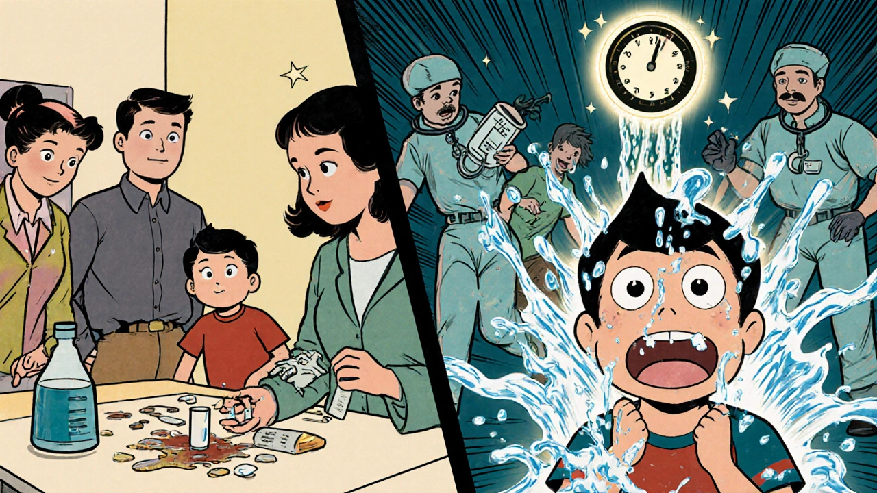 Split scene: neglect vs. action — child being flushed with water as timer counts down to 20 minutes.