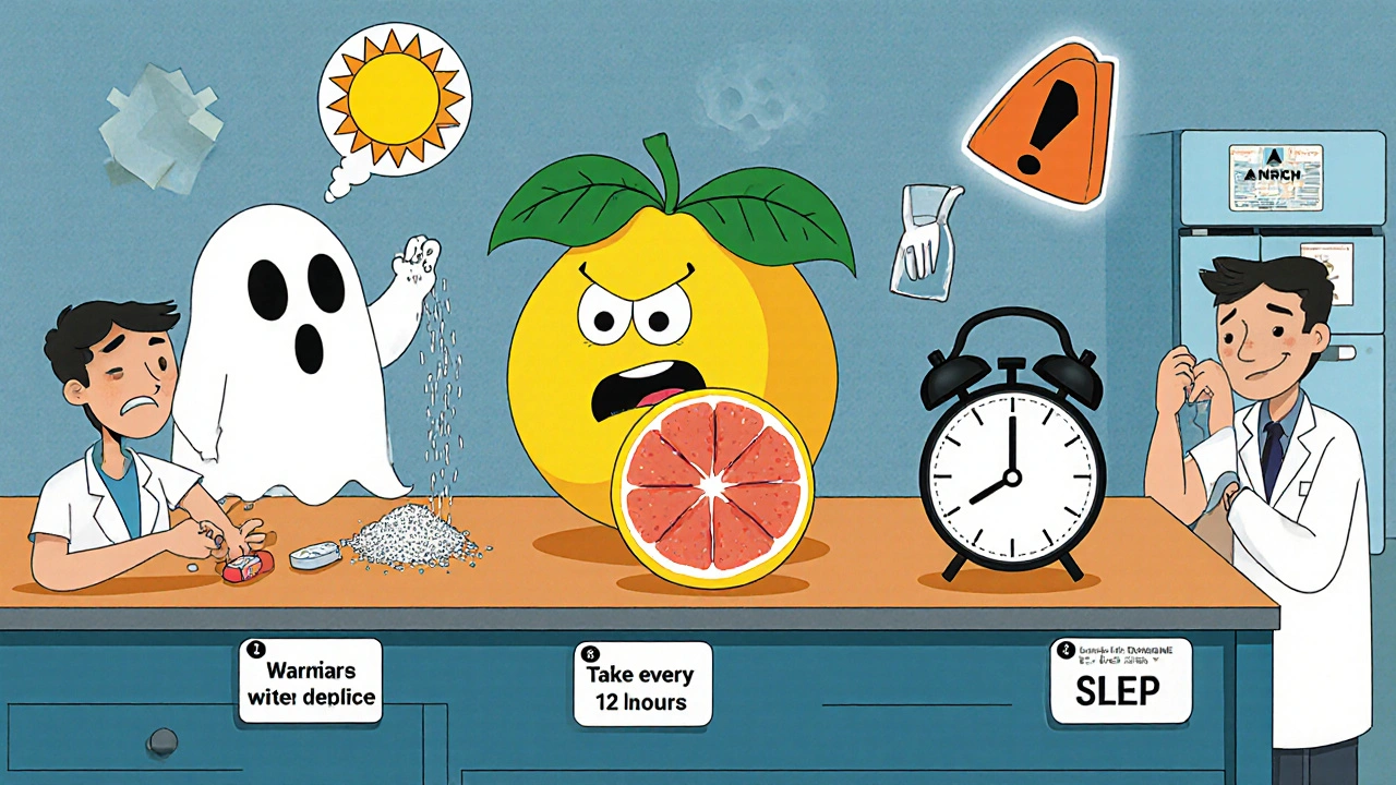 Three people misinterpret medication instructions with animated warning icons floating around them in a pharmacy.