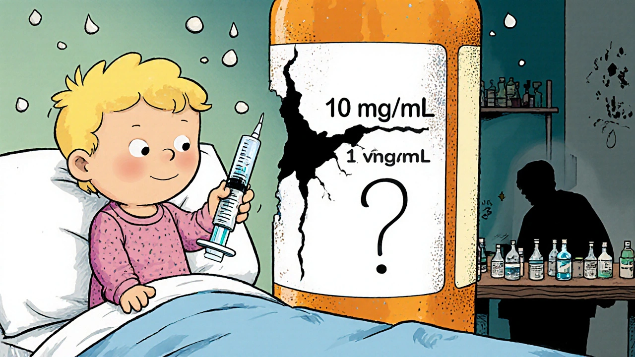 Toddler holding syringe as oversized mislabeled medicine bottle looms behind in cartoon scene