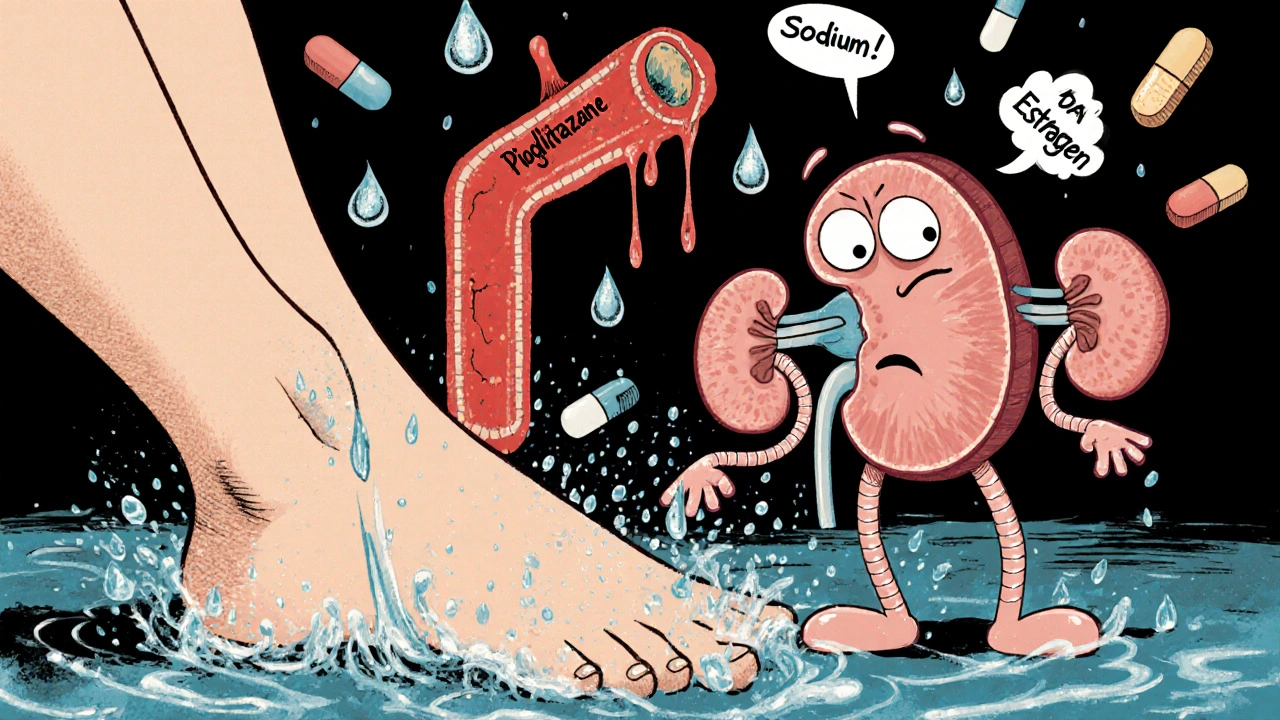 Woman&#039;s leg with indentation from pressure, cartoon kidney struggling to expel sodium droplets from pill rain.