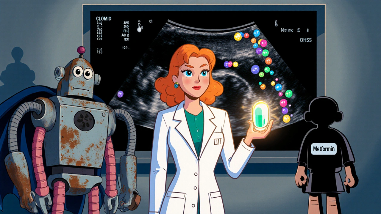 Woman holding letrozole pill as superhero while Clomid and Metformin watch, ultrasound shows bursting follicles