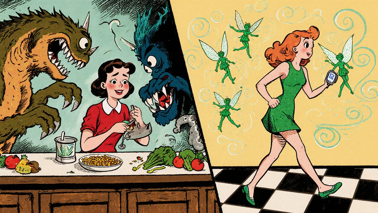 Woman in kitchen switching from unhealthy food to healthy habits with cartoon fairies restoring balance