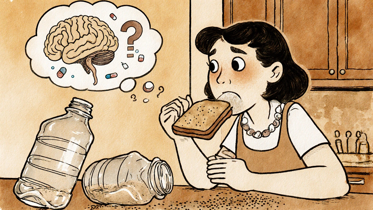 Woman struggling to eat a sandwich as tears and sand pour from her eyes, oversized water bottles nearby.