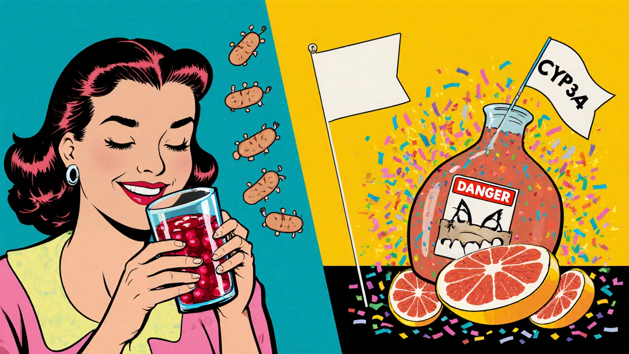 Woman taking antibiotics with cranberry juice as bacteria flee, grapefruit juice explodes in background.