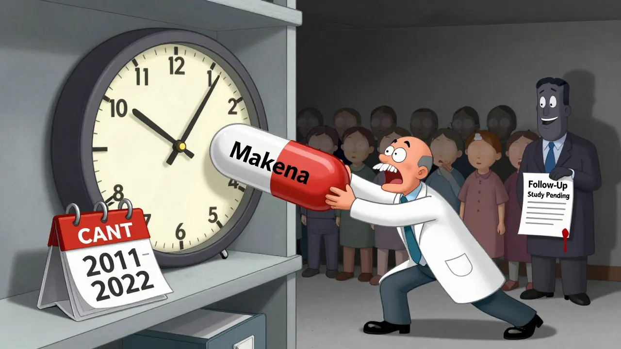 A doctor struggles to remove a stubborn pill labeled Makena from a shelf while patients wait.