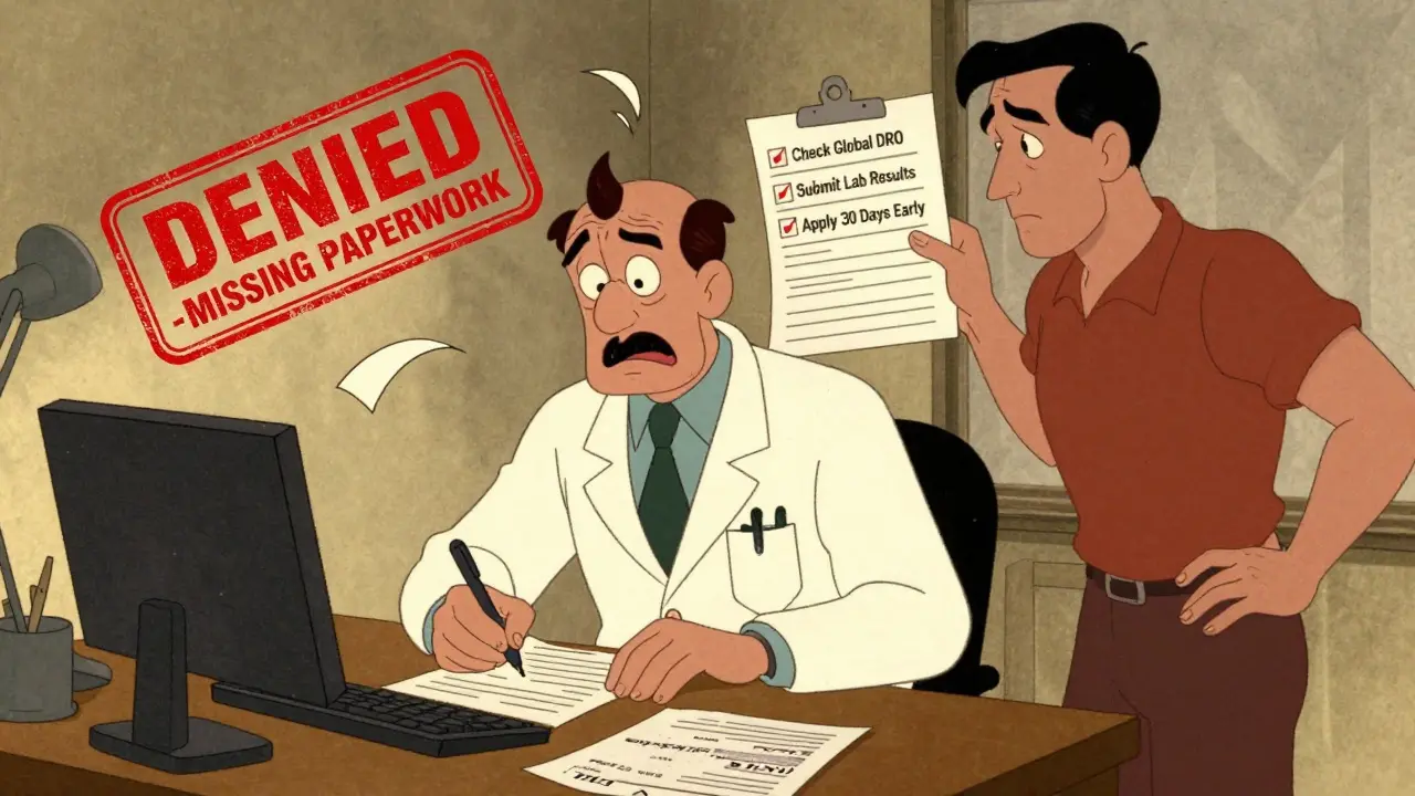 A doctor struggles with a TUE application while a 'DENIED' stamp falls, surrounded by medical supplies and paperwork.