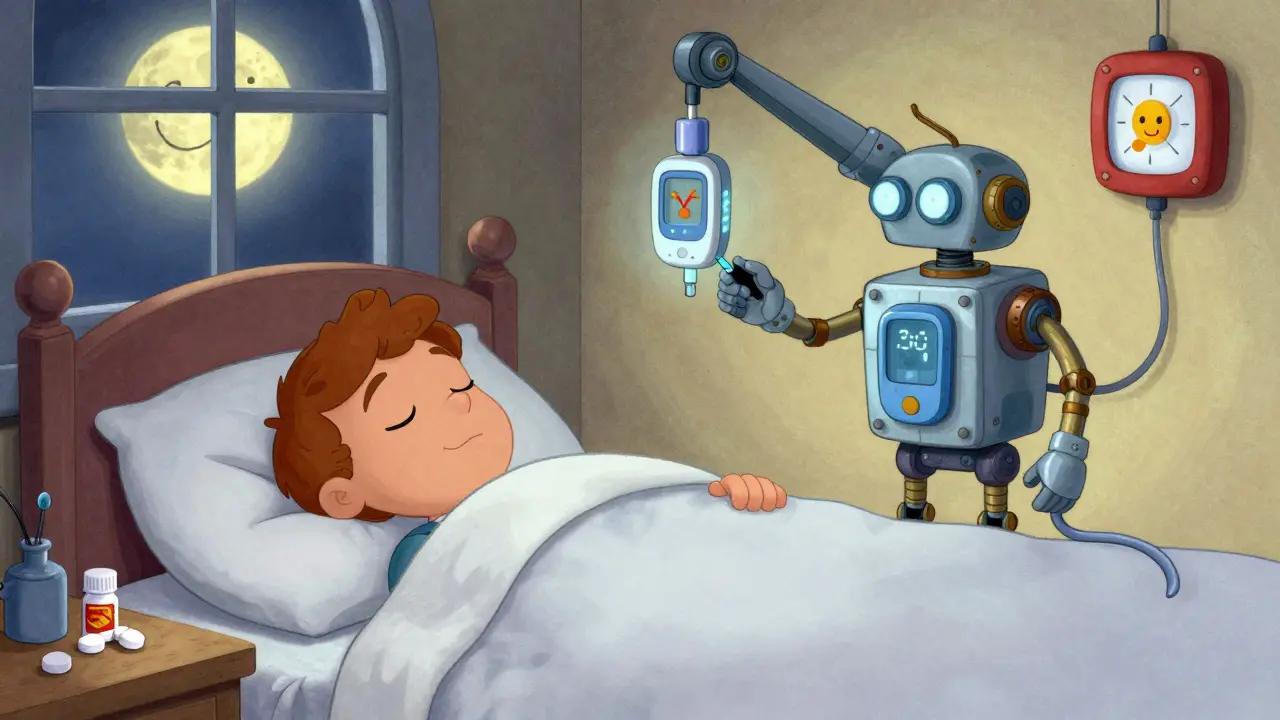 A futuristic artificial pancreas device watches over a sleeping person, with a CGM beeping safely nearby.
