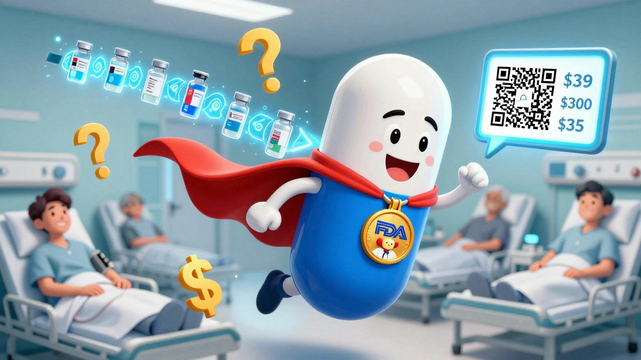 A heroic generic capsule flies through a hospital, defeating dollar signs and showing biosimilars and QR code data in cartoon style.