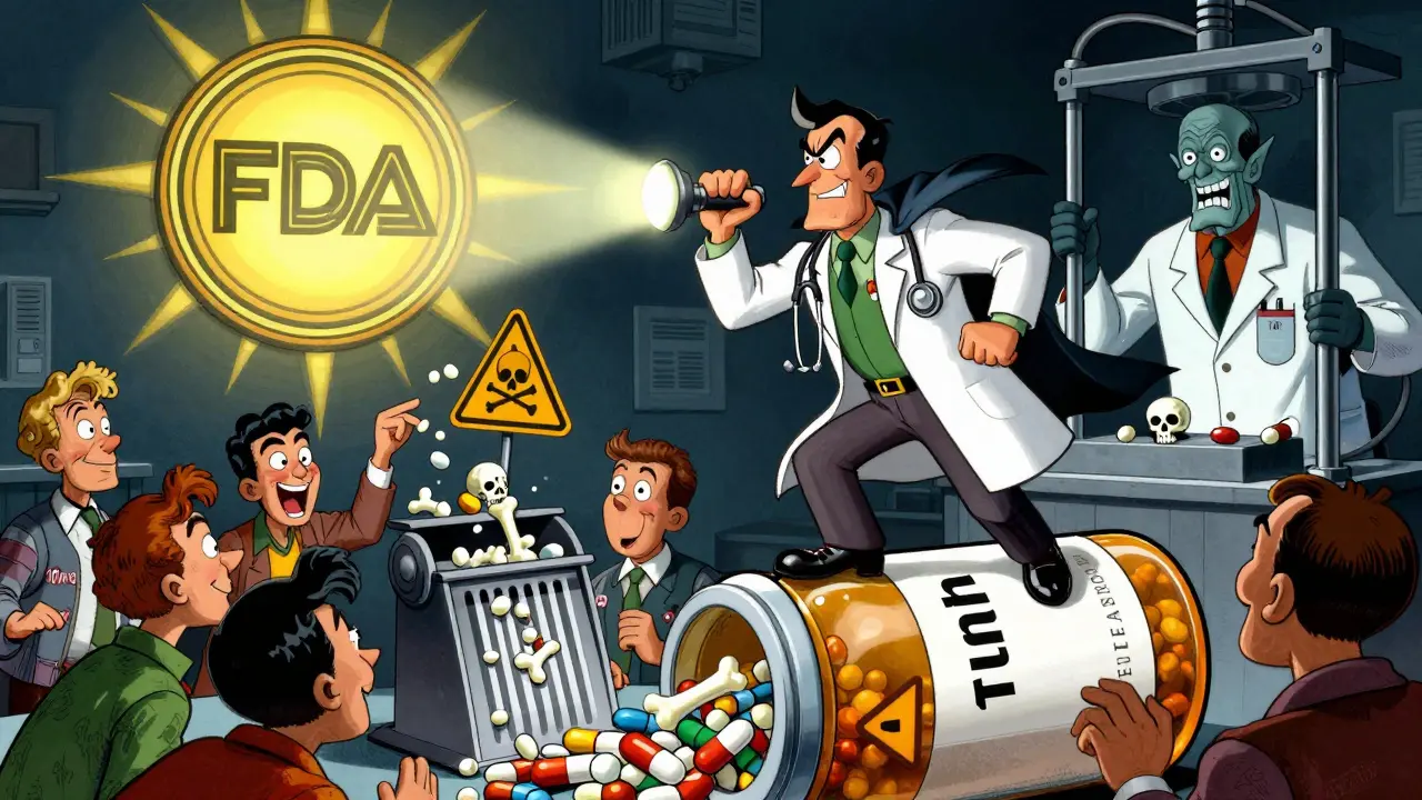 A heroic pharmacist destroys fake pills with a glowing light, while a villain prints deadly fentanyl tablets.