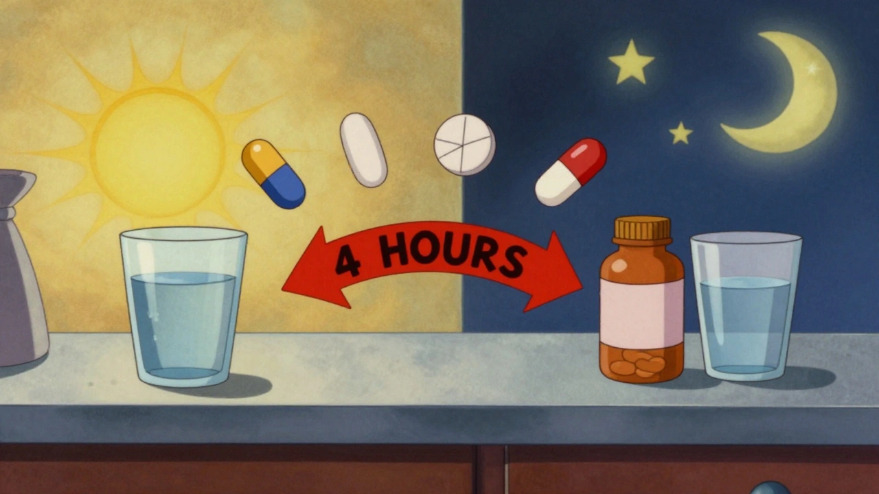 A kitchen counter divided by morning and evening, with a 4-hour arrow separating meds from fiber.