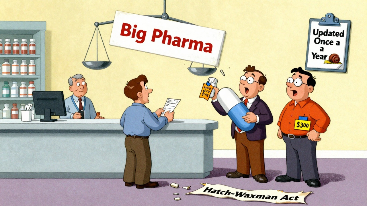 A patient at a pharmacy counter argues with two versions of themselves over prescription costs, with a broken law banner and slow FDA clock above.