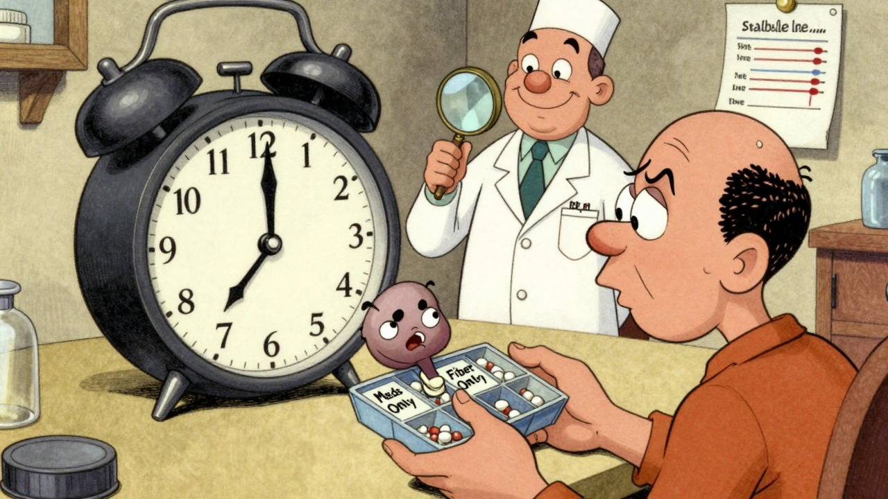 A patient uses a labeled pill organizer as a cartoon fiber blob is stopped by an alarm clock.