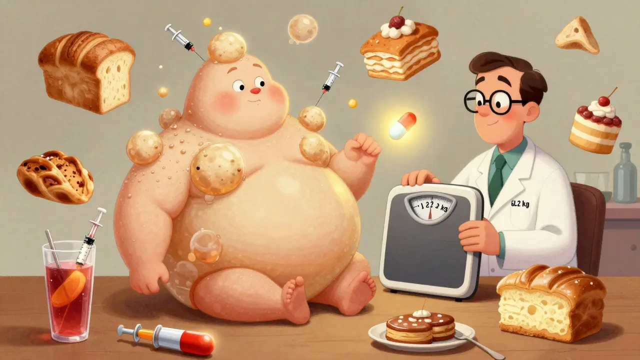 A person gains weight from food and insulin, while a dietitian holds a scale showing the difference with proper care.