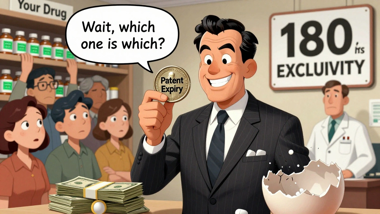 A pharmaceutical executive flips a coin while confused patients reach for pills, one labeled &#039;Authorized Generic&#039; among many others.