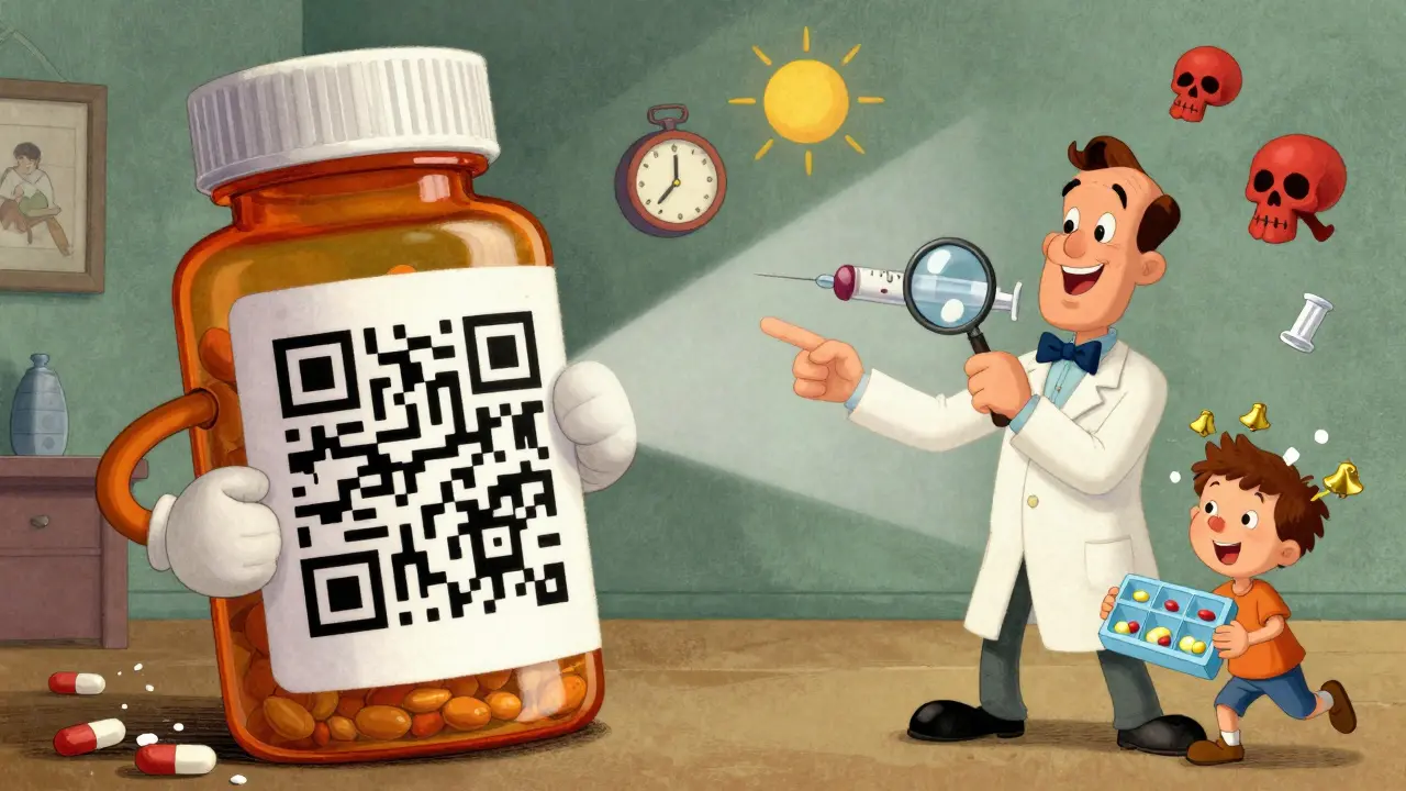 A pharmacist demonstrating a QR code that projects an animated guide for safe medicine use.