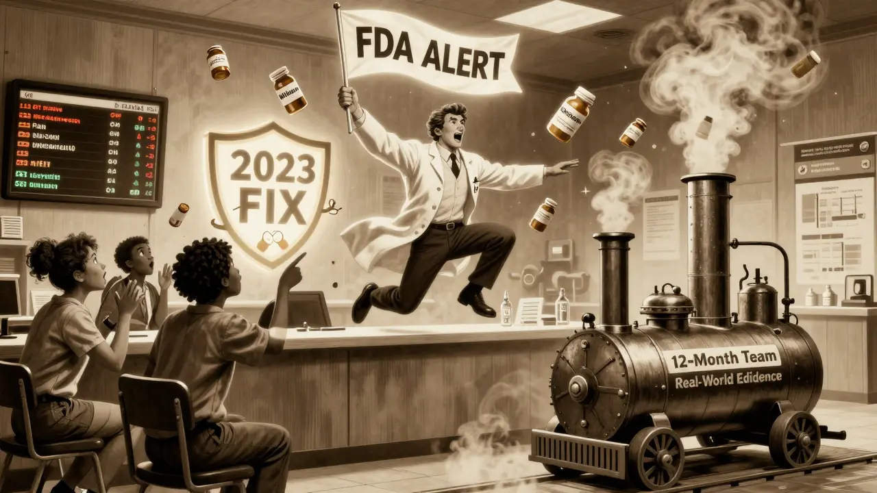 A pharmacist leaps with an FDA alert flag as withdrawn pills fall, real-world data streams glow behind.