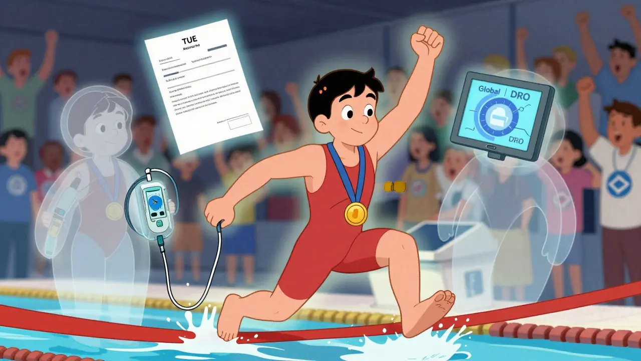 A swimmer wins a race with ghostly images of her insulin pump and TUE approval floating beside her.