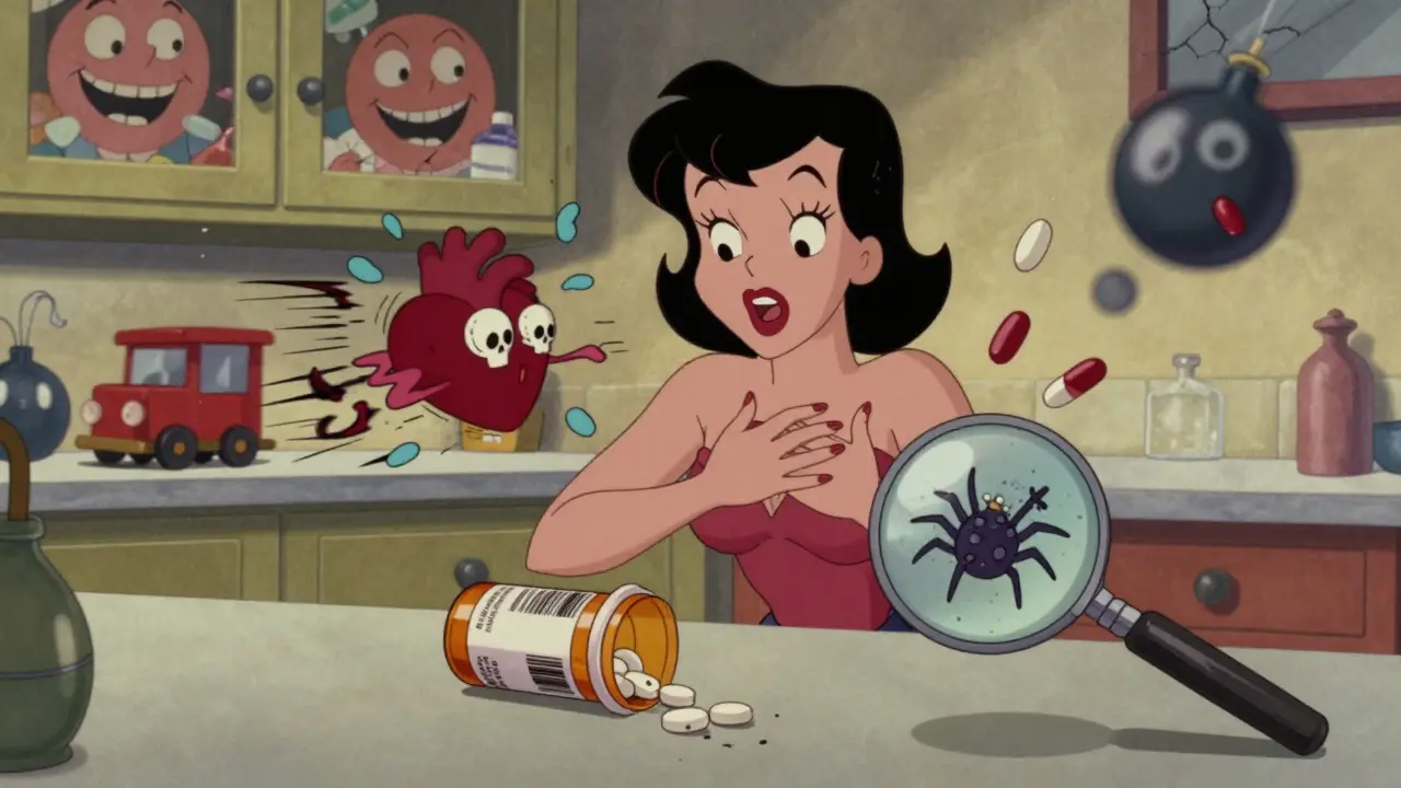 A woman experiences violent symptoms from a counterfeit pill, with cartoonish health warnings exploding around her.