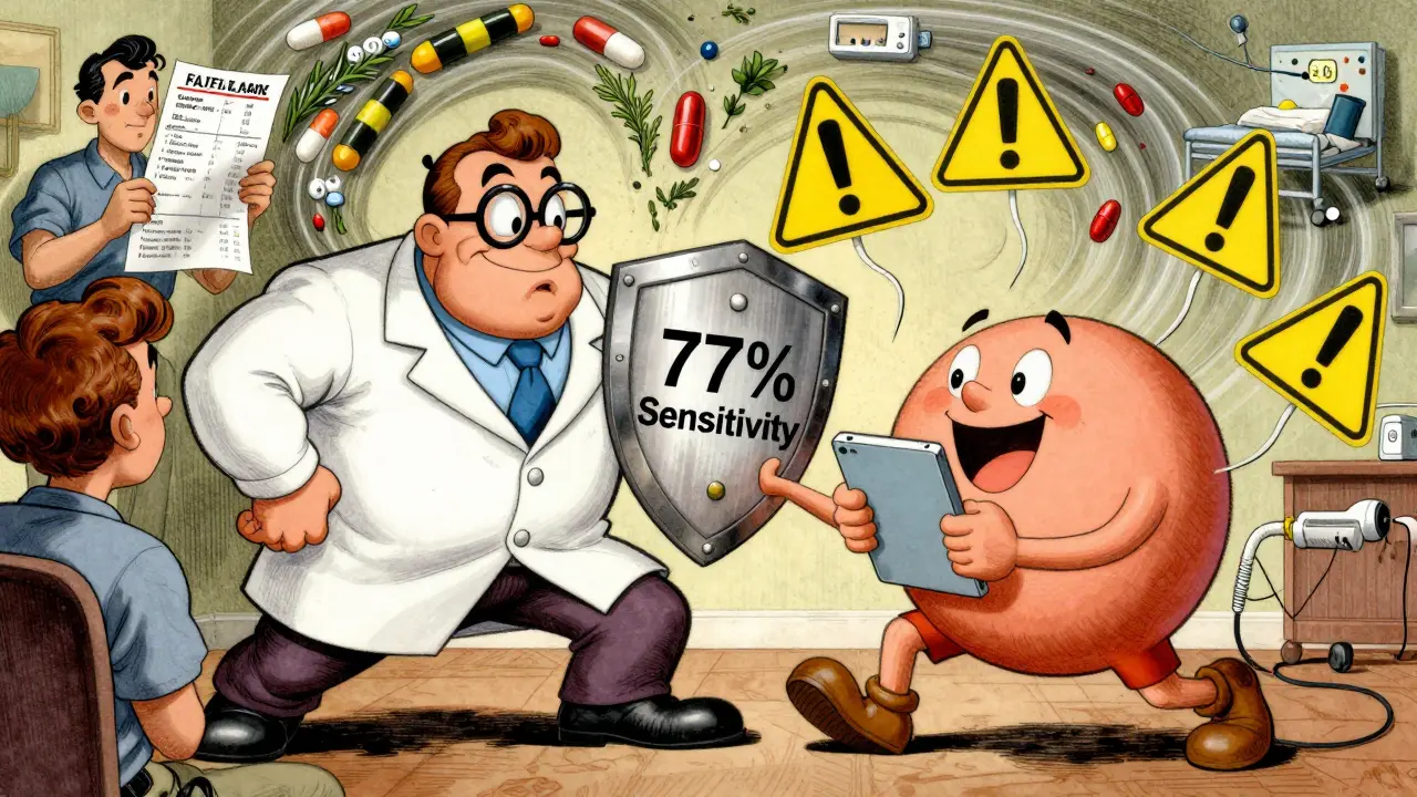 Cartoon battle between two drug checker tools, one muscular and one cheerful, dodging false alarms.