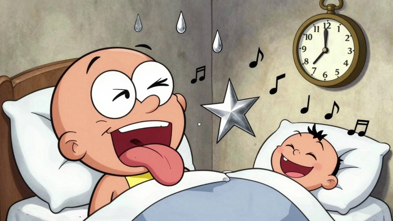 Cartoon character blinking as metallic taste explodes from mouth, with 14-day clock and sleepy patient.