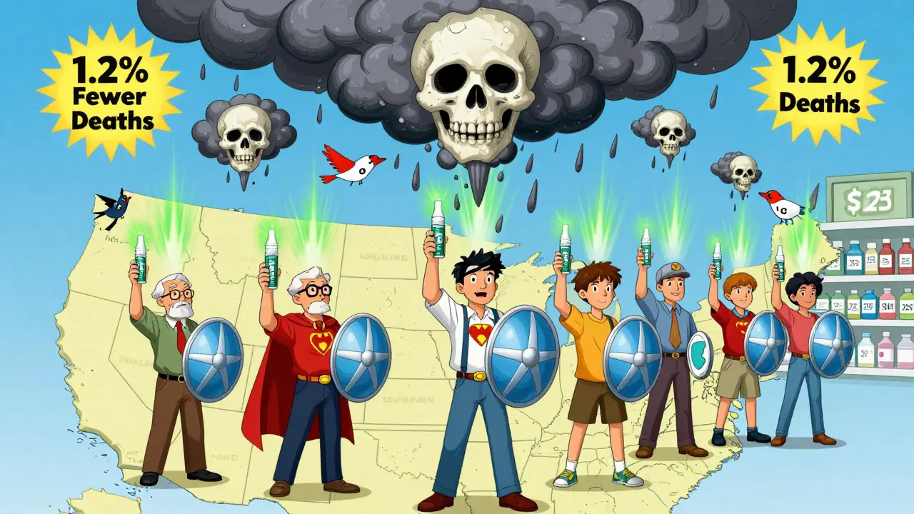 Diverse people holding naloxone sprays like shields against opioid danger clouds.