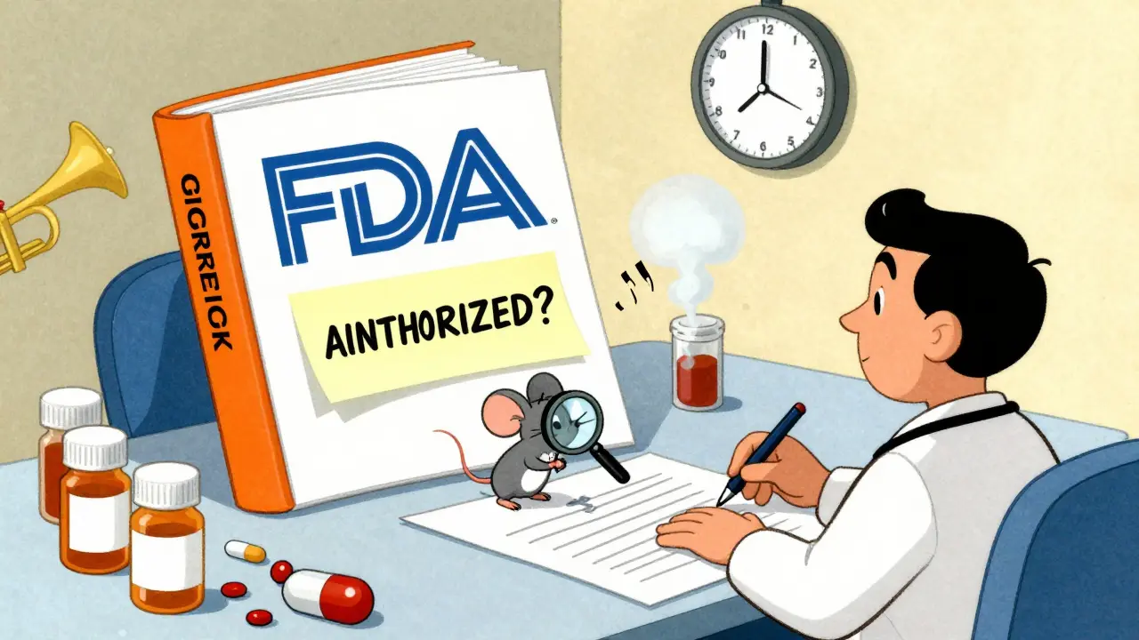 Doctor and patient at desk with open FDA Orange Book missing authorized generics, a mouse adding a sticky note.