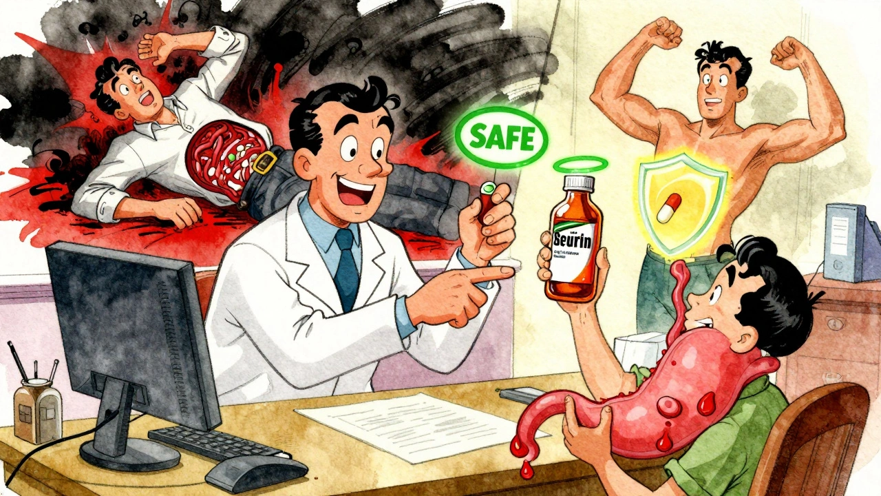 Doctor warns patient about dangerous drug combo while acetaminophen glows safely nearby, split-screen shows bleeding vs. protection.