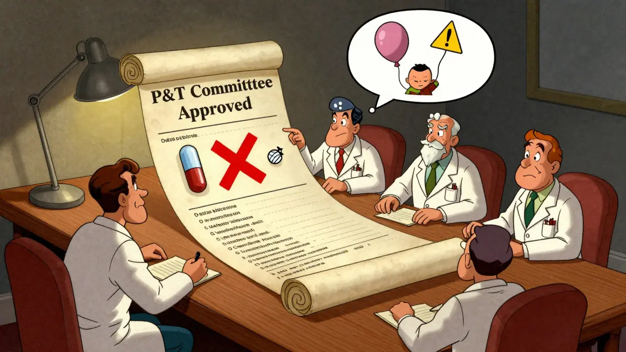 Doctors and pharmacists reviewing a formulary with a red X over mismatched blood pressure drugs in 1930s cartoon style.