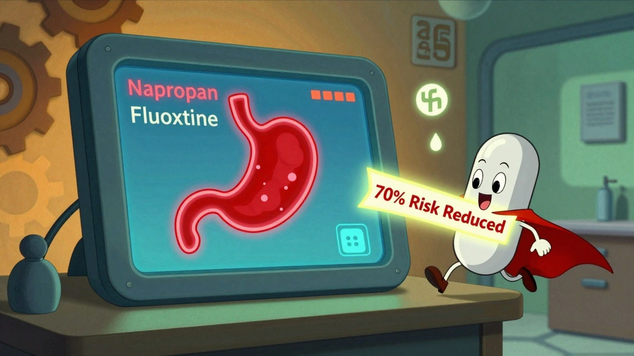 Electronic system blocks dangerous prescription as a superhero PPI pill shields a stomach with a protective banner.