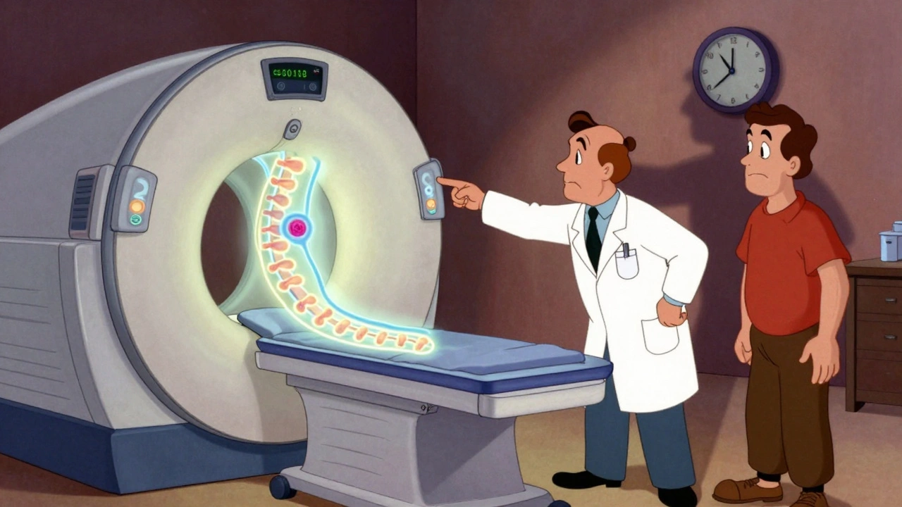 Emergency room scene with a glowing MRI showing spinal infection and tumor in classic animation style.