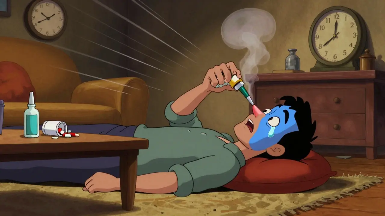 Family member administering naloxone spray to an unresponsive person on the floor.