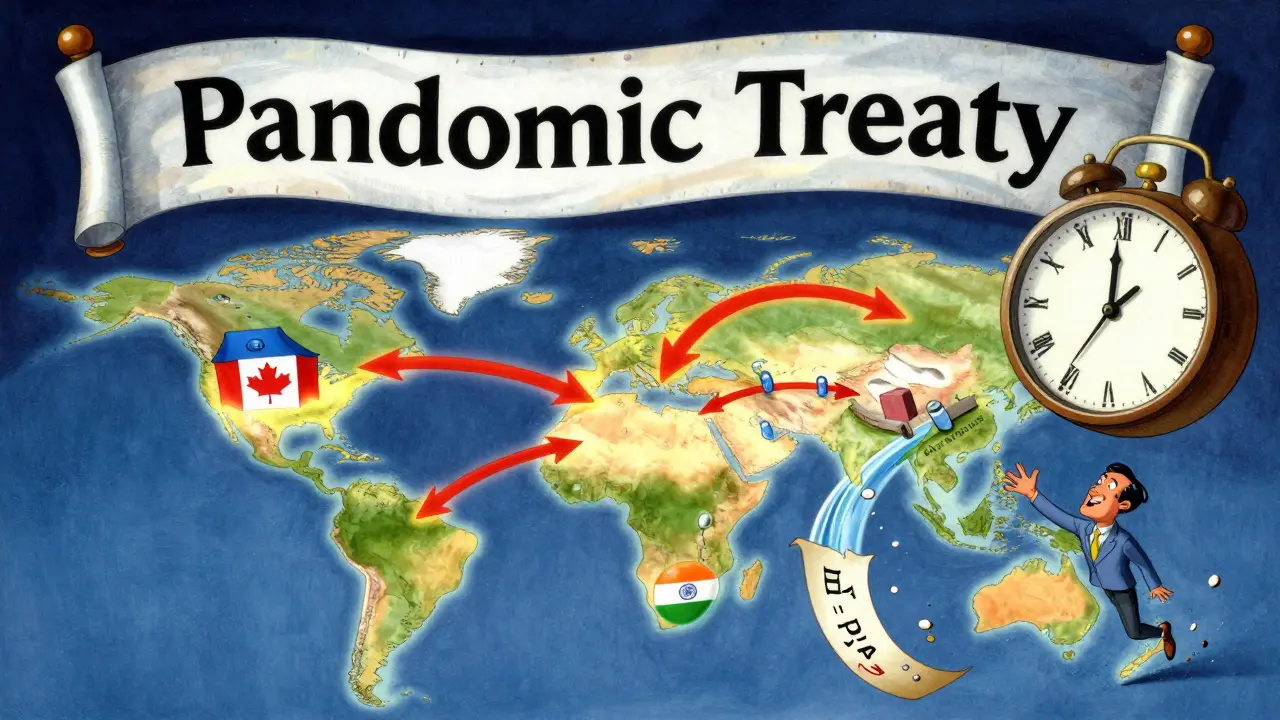 Global flow of life-saving medicines from rich to poor nations under a WHO pandemic treaty banner.